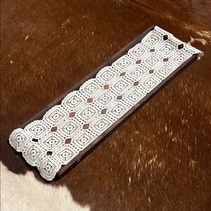 Rustic wooden centerpiece tray with White Crochet Lace Doily